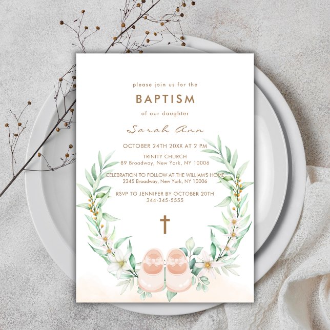 Convites Belo Verde Eucalyptus Dourado Cruz Rapariga Batism (Cute Greenery Eucalyptus Gold Cross Girl Baptism Invitation)