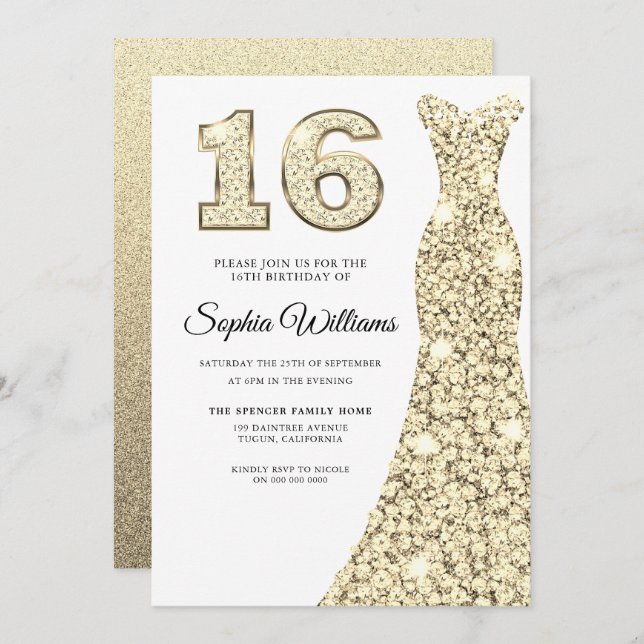 Convites Belo Vestido Dourado Aniversário de 16 Anos Sweet  (Frente/Verso)