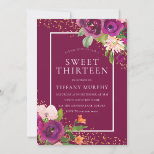Convites Belos Flores Rosa, 13 Festas de aniversário Menina