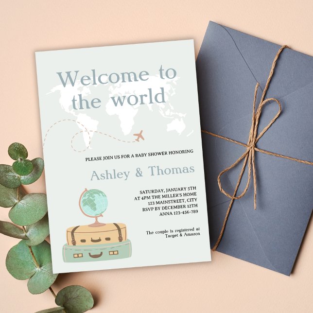 Convites Bem-Vindo Ao Chá de fraldas Do Viagem Do Mapa Mund (welcome to the world travel baby shower invitation world map globe travel suit cases earthly tones)