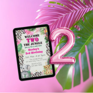 Convites Bem-vindo DOIS Aniversário de 2 anos Jungle Pink