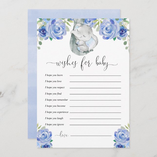 Convites Bem-vindos ao bebê elefante floral azul (Frente/Verso)