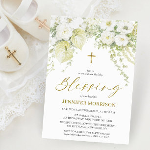 Convites Bênção Cristã de Bebê com Floral Branco e Cruz Dou