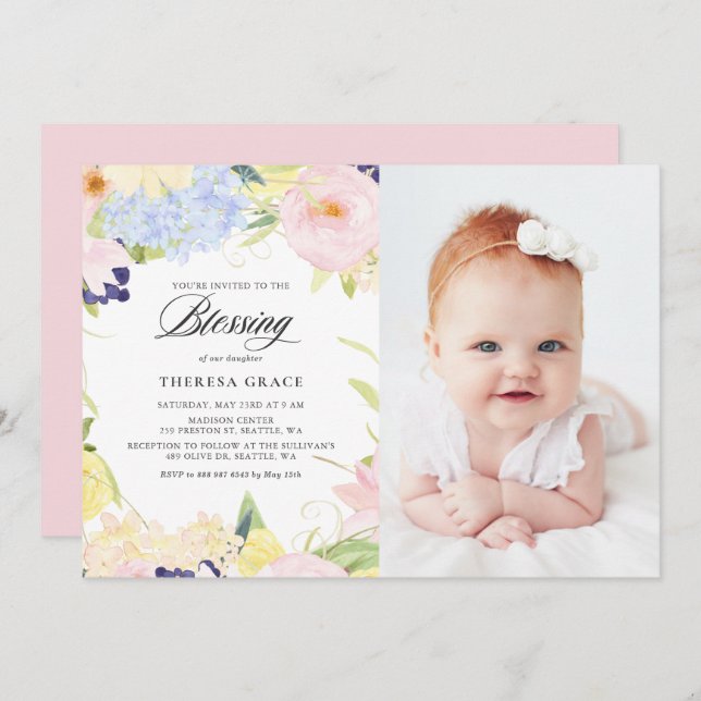 Convites Bênção da Moldura Floral de Pastel Watercolor (Frente/Verso)