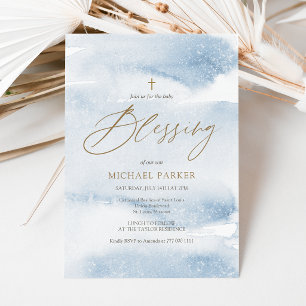 Convites Bênção de Bebê Cruz Dourada em Aquarela Azul Desbo