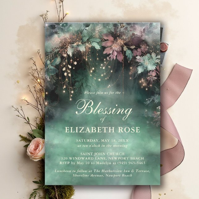 Convites Bênção do Batismo Floresta Encantada Jardim Botâni (baptism invitation christening enchanted forest garden botanical greenery emerald gold purple)