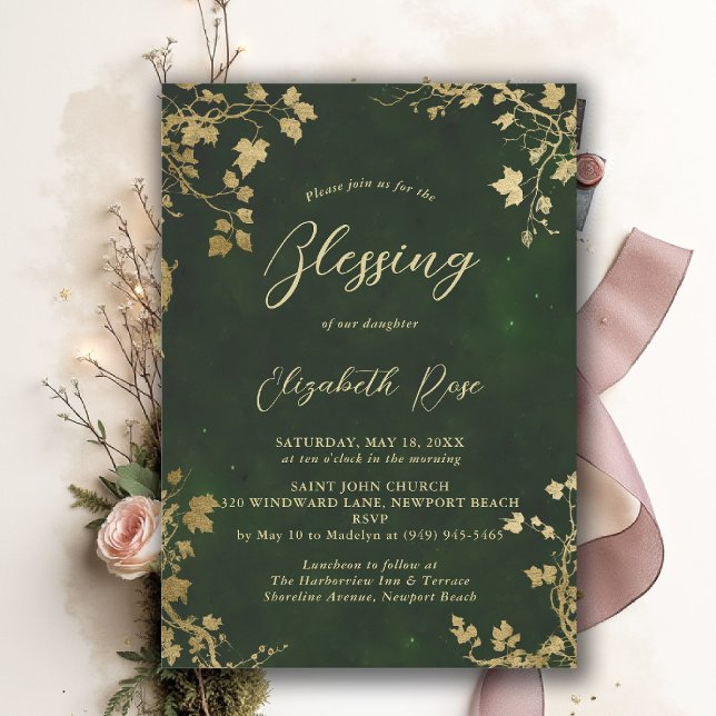 Convites Bênção do Batismo Jardim Encantado Conto de Fadas  (baptism invitation christening enchanted forest garden botanical greenery hunter green gold)