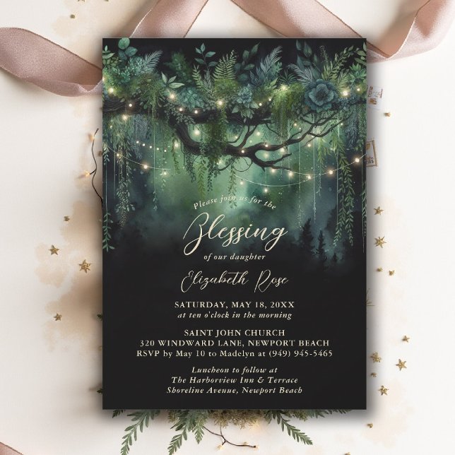 Convites Bênção do Batismo Jardim Encantado Conto de Fadas  (baptism invitation christening enchanted forest garden botanical greenery emerald gold floral)