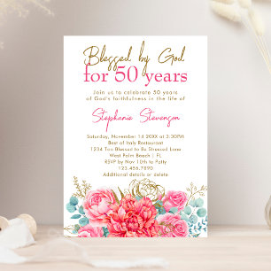 Convites Bendita por Deus Floral Rosa Cristã 50º Aniversári