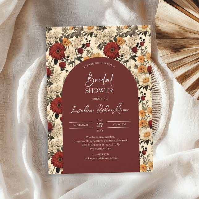 Convites Berço-dourado-dourado-dourado (Boho arch watercolor crimson red yellow wildflower invitation)