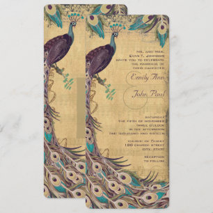 Convites Berenjena Aquática e Pavão Dourado Vintage 3 Penas
