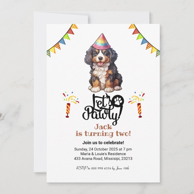 Convites Bernese Mountain Dog Hat Vamos Pawty Aniversário (Frente)