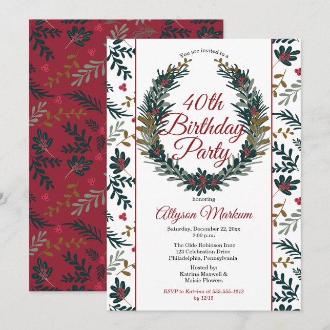 Convites Berries de férias| Pine Wreath aniversário de 40 a (Frente/Verso)
