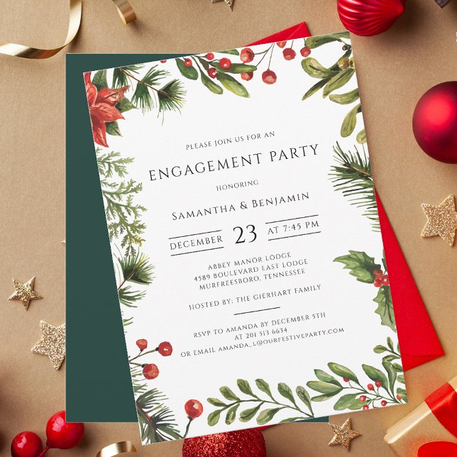 Convites Berries Vermelho Elegante Festa de noivado (Botanical Watercolor Red Berries Christmas Party Invitation)