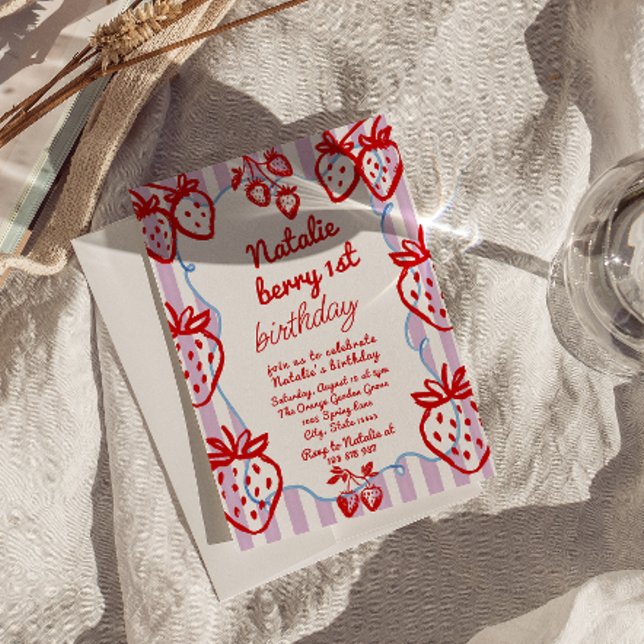 Convites Berry 1rua Desenhou a Garota de Morango Divertida  (Criador carregado)