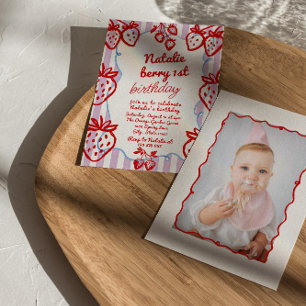 Convites Berry 1rua Desenhou Foto de Morango Foto Aniversár