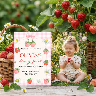 Convites Berry 1st Birthday Strawberry Photo Invitation