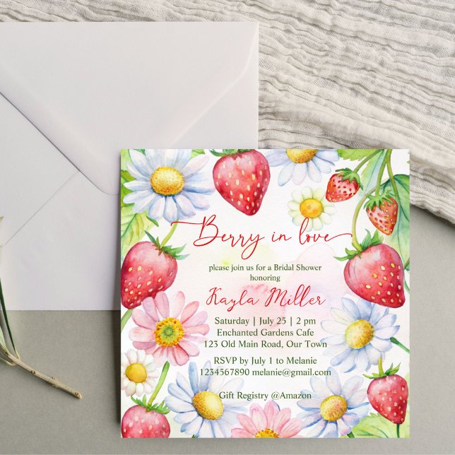 Convites Berry apaixonado por chá de panela de morango (Berry in love strawberry bridal shower invitation editable template instant download daisies summer)