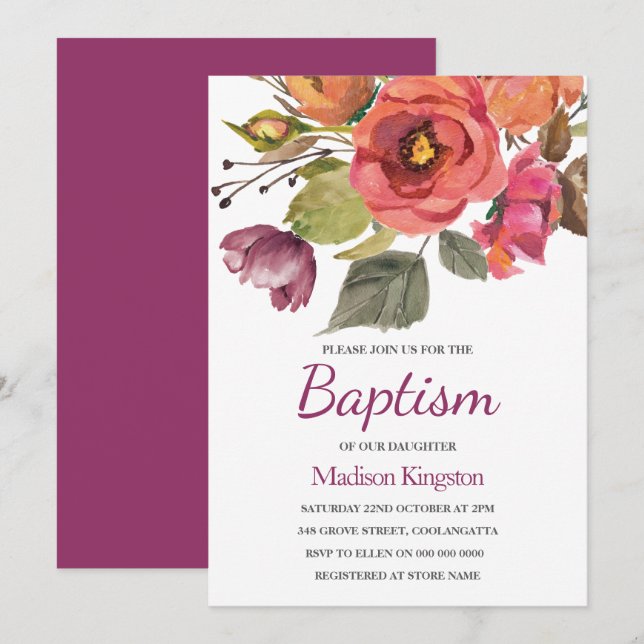 Convites Berry Bliss Flowers Baptism Convidam (Frente/Verso)