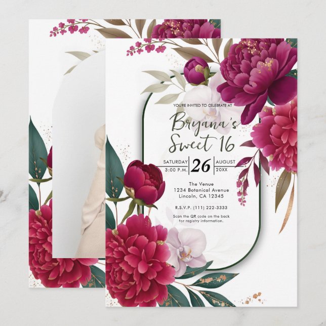 Convites Berry Bloom Garden Floral Glam Sweet 16 (Frente/Verso)
