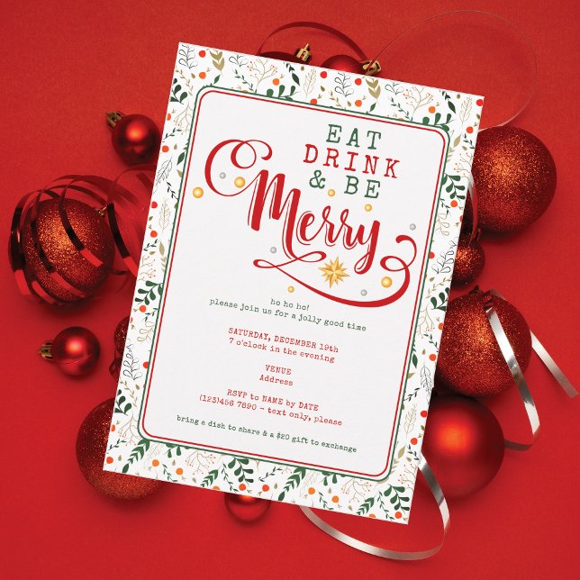 Convites Berry Branch Eat Drink Be Merry Christmas Potluck (Berry Branch Bold Script Eat Drink Be Merry Christmas Potluck for Church Family Office Xmas Parties)