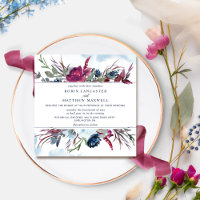 Berry Burgundy e Blue Floral Square Wedding Inv