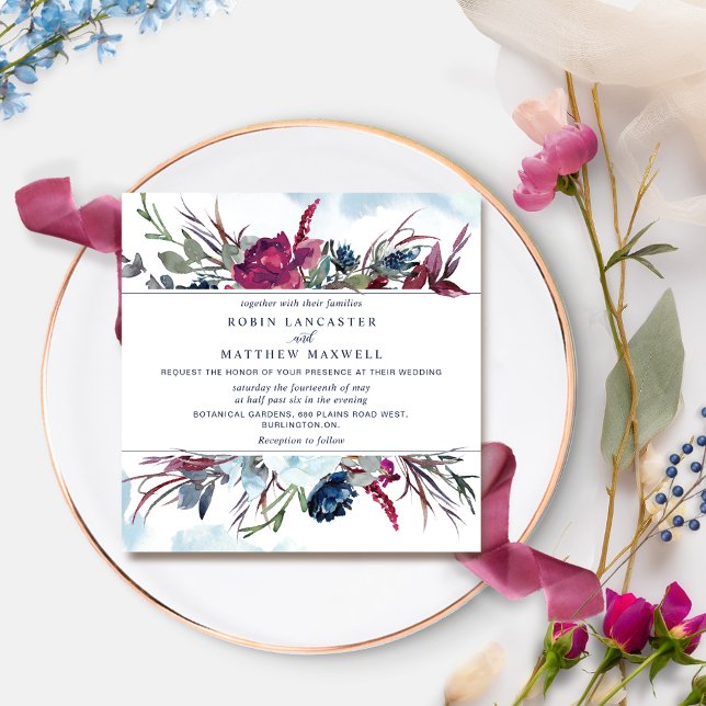 Convites Berry Burgundy e Blue Floral Square Wedding Inv (Criador carregado)