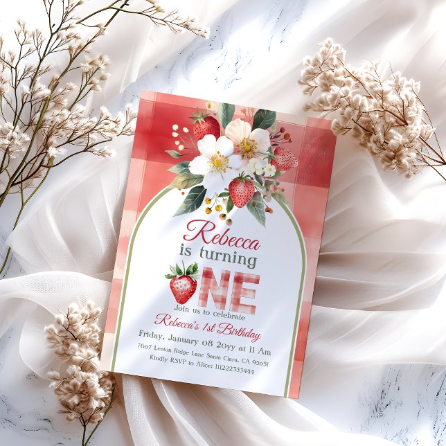 Convites Berry de Morango Vermelho Verde Primeiro Aniversár (Criador carregado)