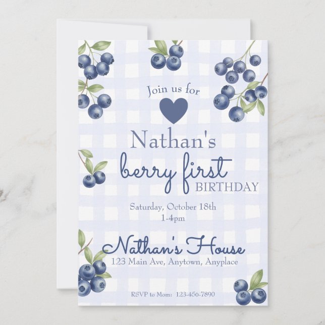 Convites Berry First 1st Birthday Blueberry Gingham (Frente)