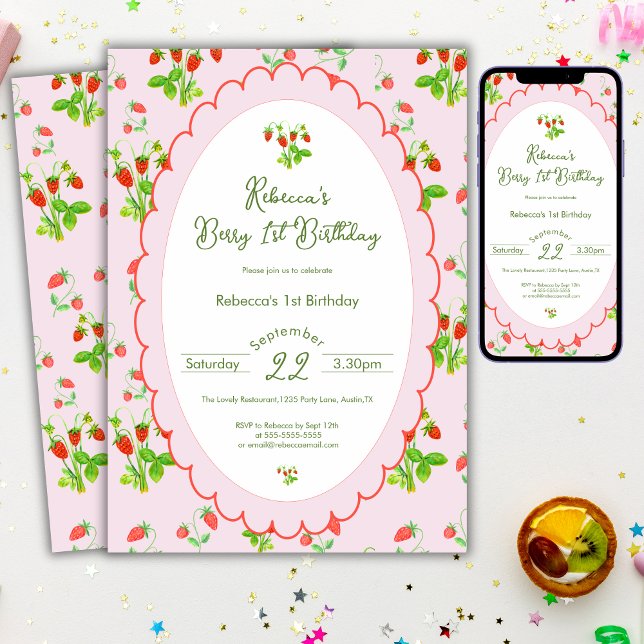 Convites Berry First 1st Birthday  Strawberry & Pink (Criador carregado)