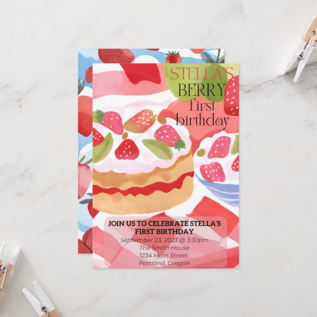 Convites Berry First Birthday (Frente/Verso In Situ)