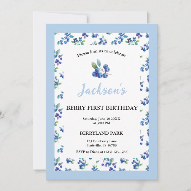 Convites Berry First Birthday Blueberry Gingham Invite (Frente)