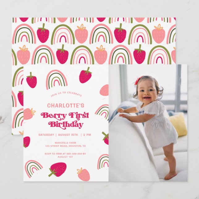 Convites Berry First Birthday Boho Rainbow Foto Invitation (Frente/Verso)