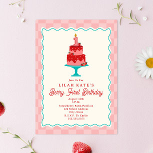 Convites Berry First Birthday Checkerboard Strawberry Cake