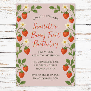 Convites Berry First Birthday Cute Strawberry Floral Rosa