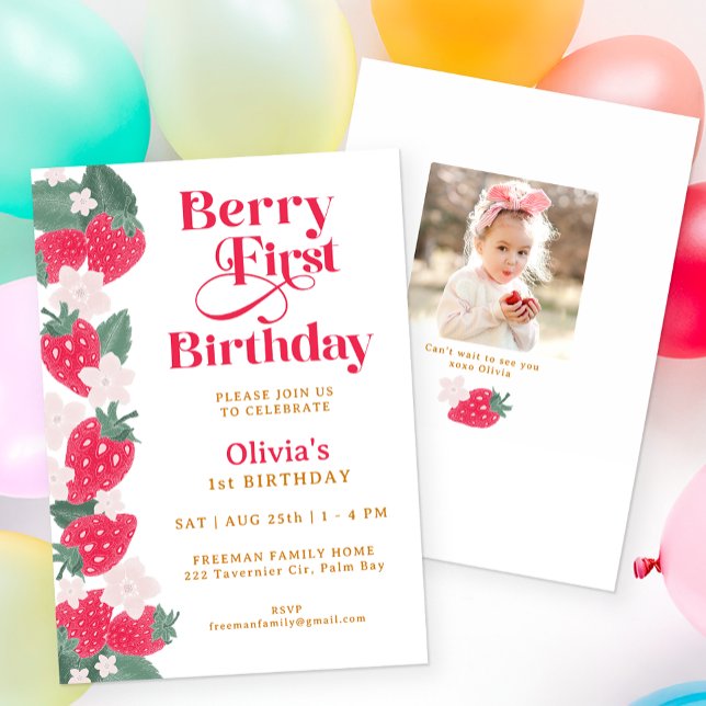 Convites Berry First Birthday Girl Strawberry (Berry First Birthday Party Invitation)