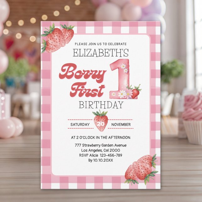 Convites "Berry First Birthday Girl with Strawberry Theme (Criador carregado)