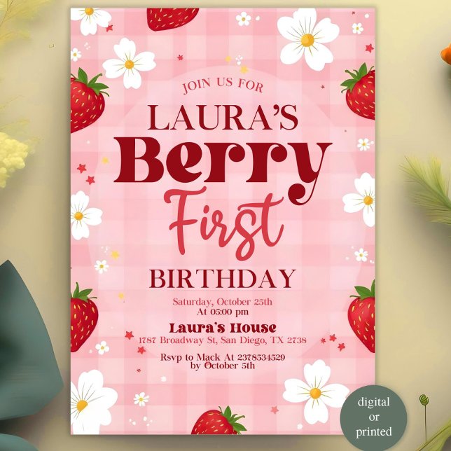Convites Berry First Birthday Invitation, Editável 1rua Bir (Criador carregado)