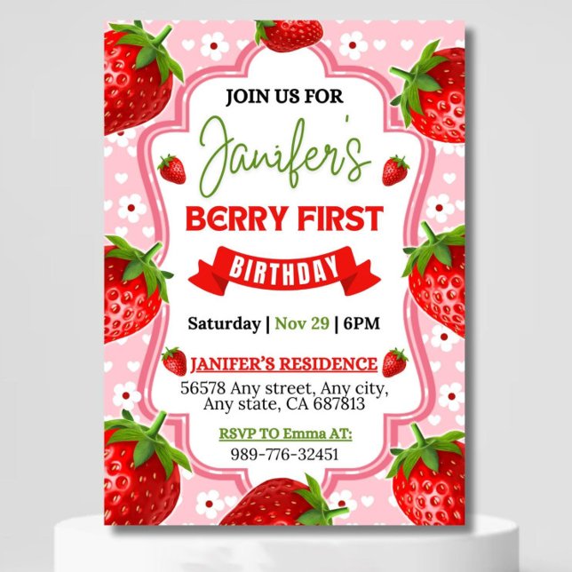 Convites Berry First Birthday Invitation, Editável 1rua Bir (Criador carregado)