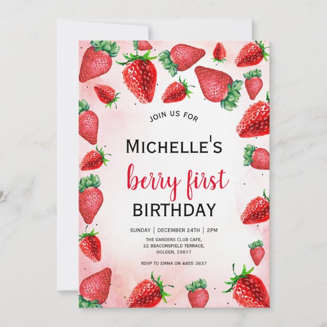 Convites Berry First Birthday Invite, Strawberry Birthday (Frente)
