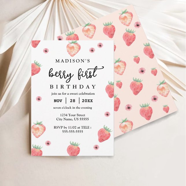 Convites Berry First Birthday Na moda Pink Strawberry (Criador carregado)