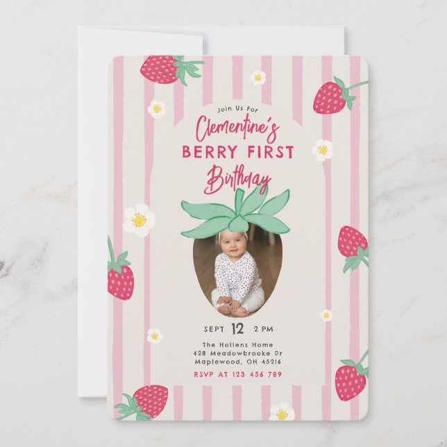 Convites Berry First Birthday Party Invitation with Photo (Frente)