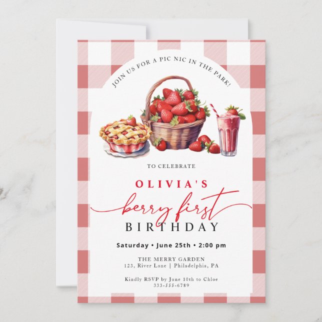 Convites Berry First Birthday picnic gingham (Frente)