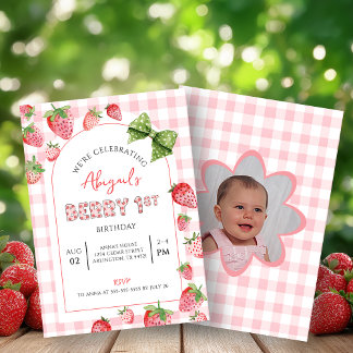 Convites Berry First Birthday Pink Gingham Photo Invitation