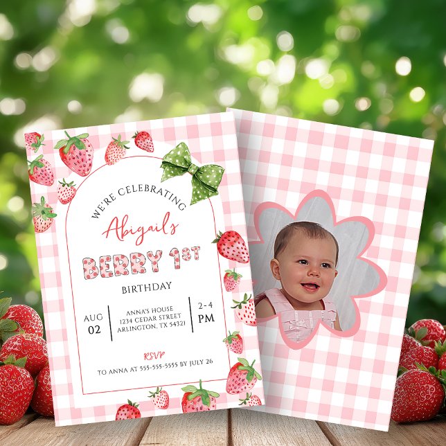 Convites Berry First Birthday Pink Gingham Photo Invitation (Criador carregado)