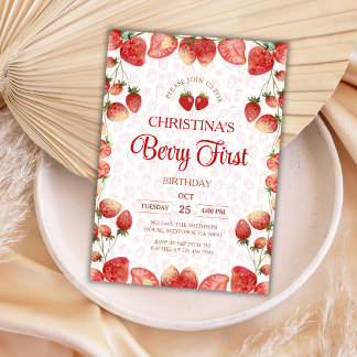 Convites Berry first birthday pink strawberry cute girl