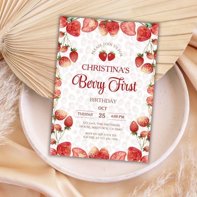 Convites Berry first birthday pink strawberry cute girl (Criador carregado)