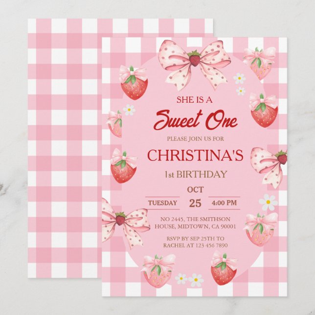 Convites Berry first birthday pink strawberry gingham girl (Frente/Verso)