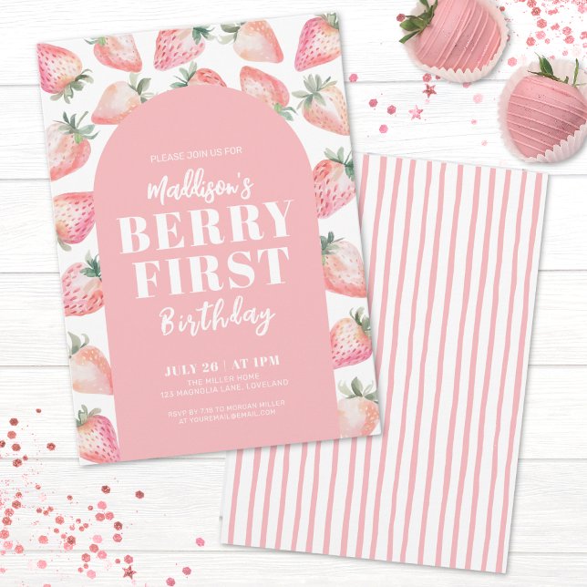 Convites Berry First Birthday primeiro aniversario Party (Strawberry Berry First 1st Birthday Party Invitation)