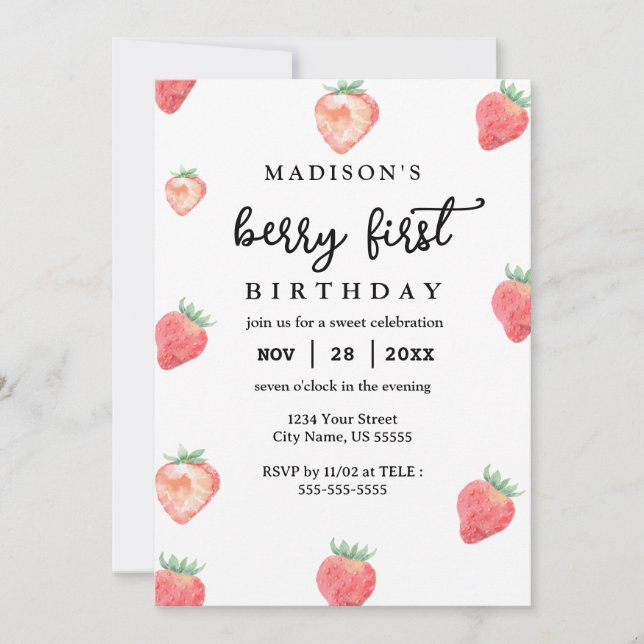 Convites Berry First Birthday primeiro aniversario Pink Str (Frente)